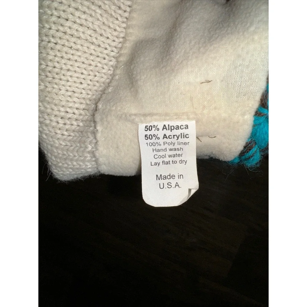 Dohm Icebox Beanie Hat Alpaca Tassel Dragonfly Ivory Teal Winter Lined USA OS